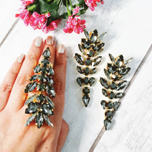 Load image into Gallery viewer, Kairoz Gunmetal Stone Combo Earrings & Ring Set freeshipping - CASA ROZEN