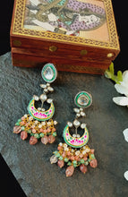 Load image into Gallery viewer, Kalaiya Shades Of Peach Semi Precious Stones and Kundan Embellished Earrings freeshipping - CASA ROZEN