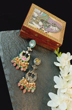 Load image into Gallery viewer, Kalaiya Shades Of Peach Semi Precious Stones and Kundan Embellished Earrings freeshipping - CASA ROZEN