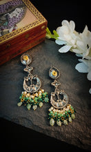 Load image into Gallery viewer, Kalaiya Shades Of Green Semi Precious Stones and Kundan Embellished Earrings freeshipping - CASA ROZEN