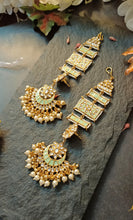 Load image into Gallery viewer, Kalandi Pastel Mint Green Statement Jhumka Earrings with Ear-Head Extesnion freeshipping - CASA ROZEN