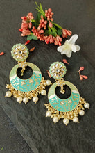 Load image into Gallery viewer, Joomari Pastel Sea Green Meenakari Art Earrings freeshipping - CASA ROZEN