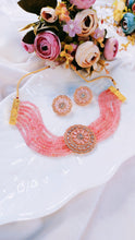 Load image into Gallery viewer, Roseatte AD Pink Baati Stone Rose Gold Base Choker Set freeshipping - CASA ROZEN