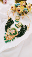 Load image into Gallery viewer, Vihaar Hand Painted Bottle Green Baati Stones Choker Set freeshipping - CASA ROZEN