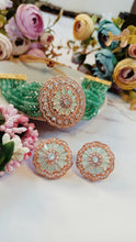 Load image into Gallery viewer, Roseatte AD Green Baati Stone Rose Gold Base Choker Set