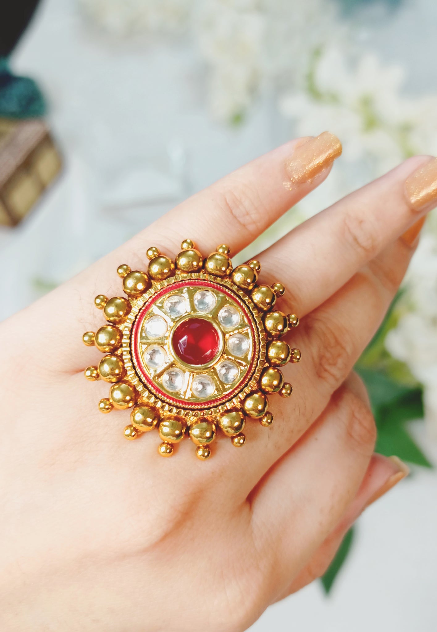 Buy Jadau Kundan Rings Online | Big Kundan Rings | Gold Plated Rings –  Tagged 