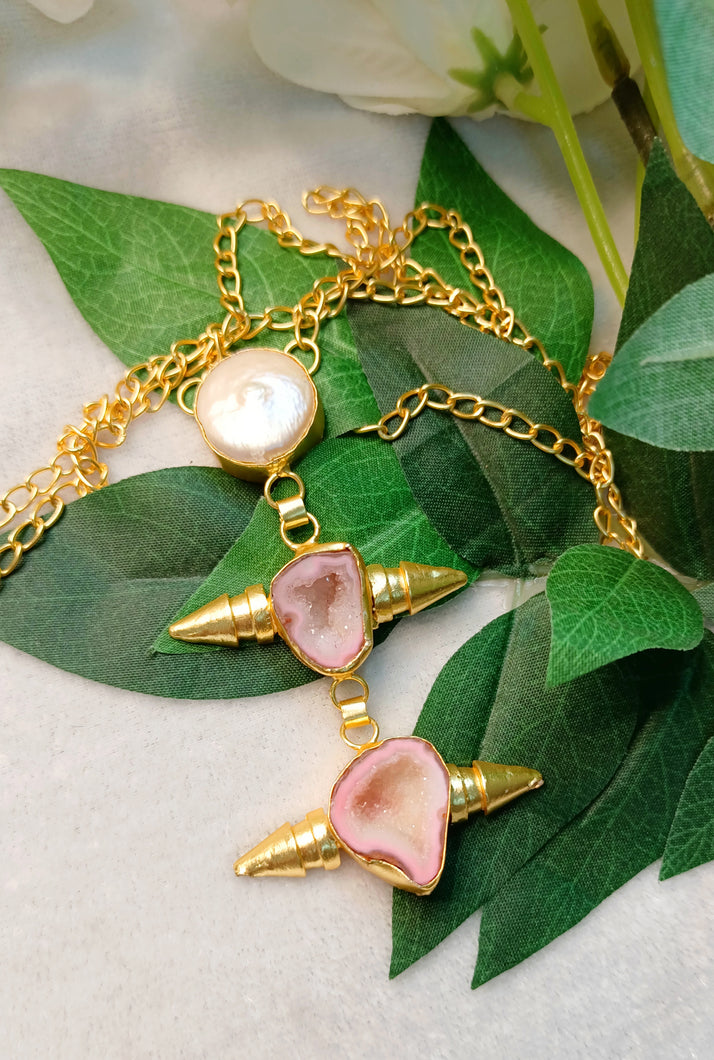 Viora Baby Pink Druzy Natural Stone Long Neckpiece freeshipping - CASA ROZEN