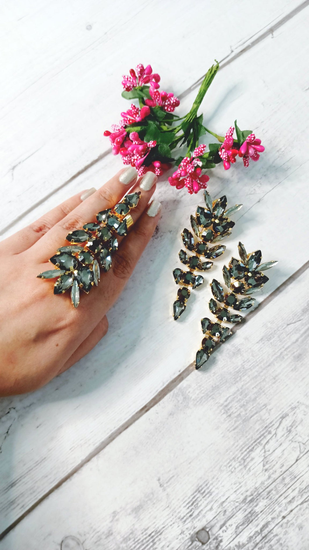 Kairoz Gunmetal Stone Combo Earrings & Ring Set freeshipping - CASA ROZEN
