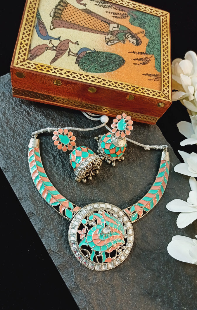 Manoharina Pastel Peach and Mint Green Meenakari Art Jewellery Set freeshipping - CASA ROZEN