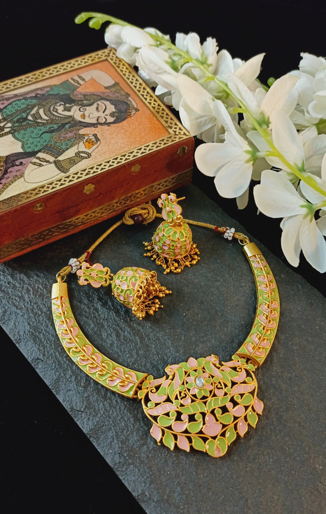 Birsashasa Pastel Green and Pink Meenakari Art Jewellery Set freeshipping - CASA ROZEN