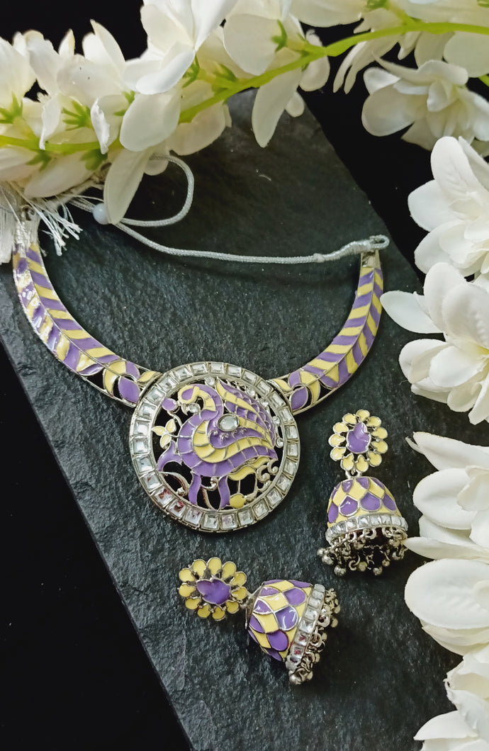 Manoharina Pastel Purple Yellow Meenakari Art Jewellery Set freeshipping - CASA ROZEN