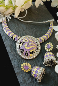 Manoharina Pastel Purple Yellow Meenakari Art Jewellery Set freeshipping - CASA ROZEN