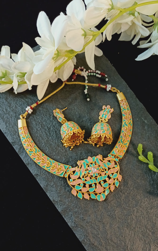 Birsashasa Pastel Peach and Turquoise Meenakari Art Jewellery Set freeshipping - CASA ROZEN