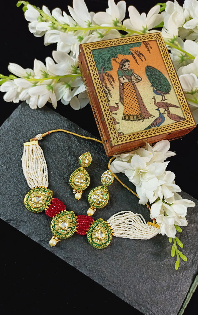 Vanara Kundan Polki Meenakari 22 Carat Gold Plated Choker Jewellery Set freeshipping - CASA ROZEN