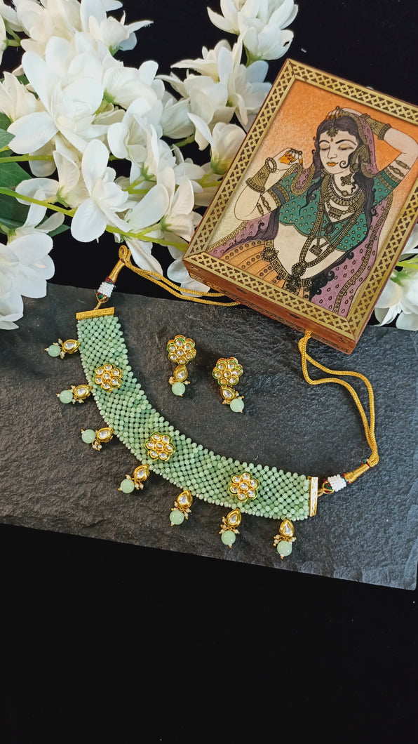 Diwasara Kundan Studded Mint Beaded Choker Jewellery Set freeshipping - CASA ROZEN
