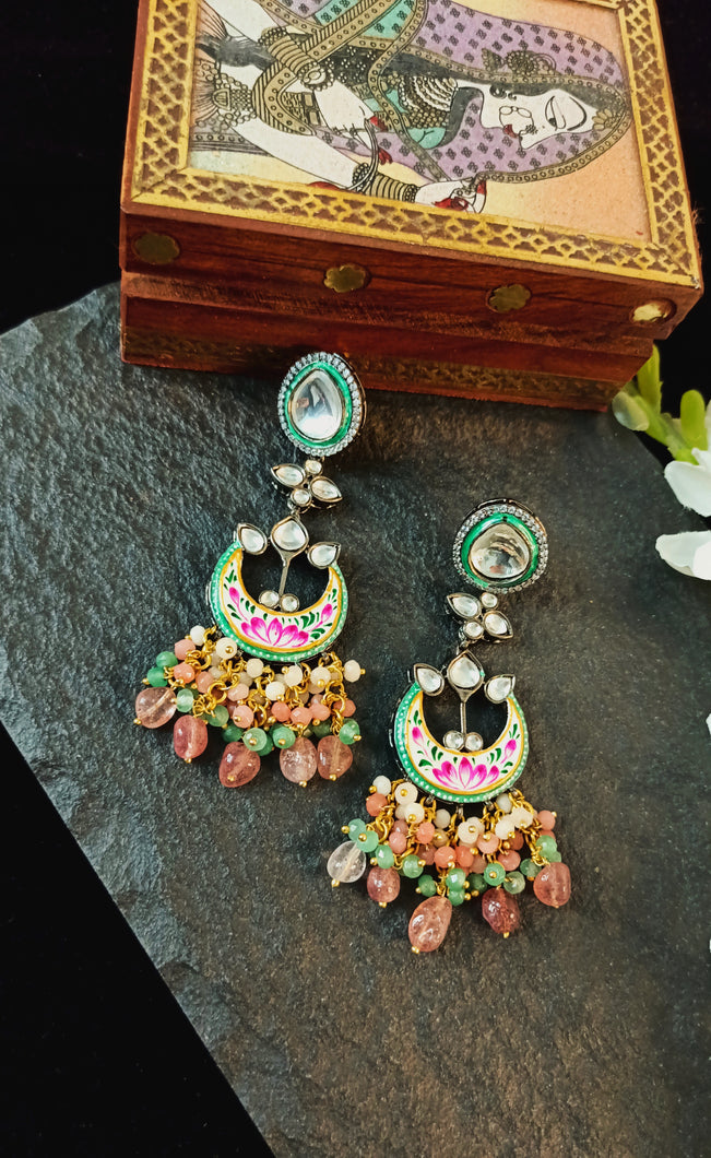 Kalaiya Shades Of Peach Semi Precious Stones and Kundan Embellished Earrings freeshipping - CASA ROZEN