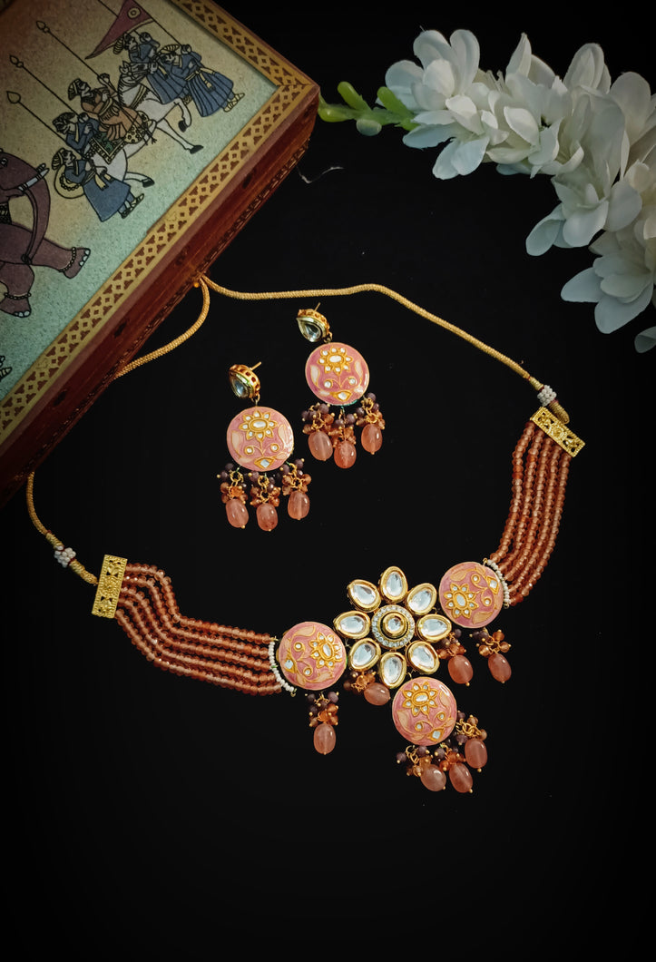 Diwaniya Lac Art Work Semi Precious Stones and Kundan embellished Choker Set freeshipping - CASA ROZEN