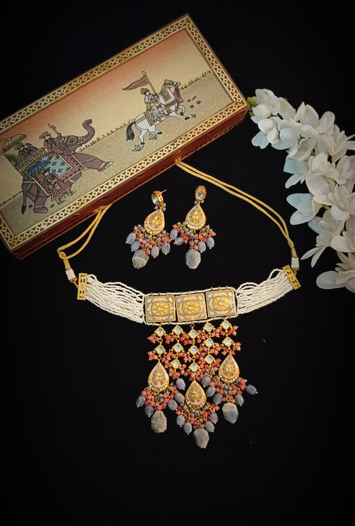 Havalina Lac Art Work Semi Precious Stones and Kundan Choker Set freeshipping - CASA ROZEN