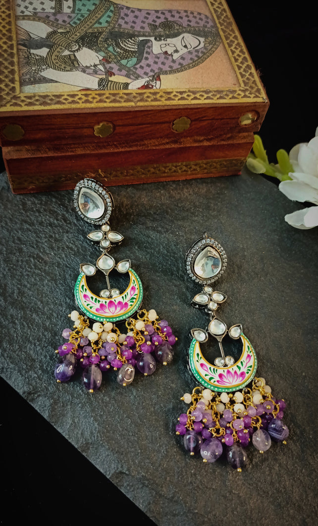 Kalaiya Shades Of Purple Semi Precious Stones and Kundan Embellished Earrings freeshipping - CASA ROZEN
