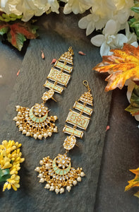 Kalandi Pastel Mint Green Statement Jhumka Earrings with Ear-Head Extesnion freeshipping - CASA ROZEN