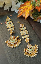 Load image into Gallery viewer, Kalandi Pastel Mint Green Statement Jhumka Earrings with Ear-Head Extesnion freeshipping - CASA ROZEN
