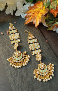 Kalandi Pastel Mint Green Statement Jhumka Earrings with Ear-Head Extesnion freeshipping - CASA ROZEN
