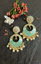 Load image into Gallery viewer, Joomari Pastel Sea Green Meenakari Art Earrings freeshipping - CASA ROZEN
