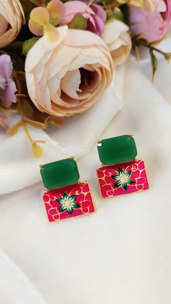 Meroa Green Stone Pink Base Meenakari Art Earrings freeshipping - CASA ROZEN