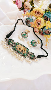 Gajananta Green Stone Choker Set freeshipping - CASA ROZEN