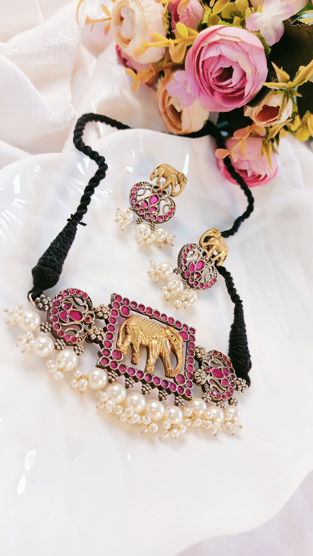 Gajananta Dark Pink Stones Choker Set freeshipping - CASA ROZEN