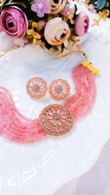 Load image into Gallery viewer, Roseatte AD Pink Baati Stone Rose Gold Base Choker Set freeshipping - CASA ROZEN
