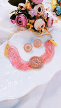 Load image into Gallery viewer, Roseatte AD Pink Baati Stone Rose Gold Base Choker Set freeshipping - CASA ROZEN
