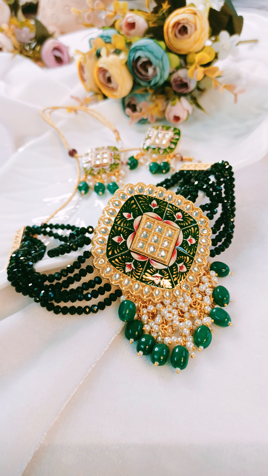 Vihaar Hand Painted Bottle Green Baati Stones Choker Set freeshipping - CASA ROZEN
