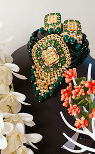 Vihaar Hand Painted Bottle Green Baati Stones Choker Set freeshipping - CASA ROZEN