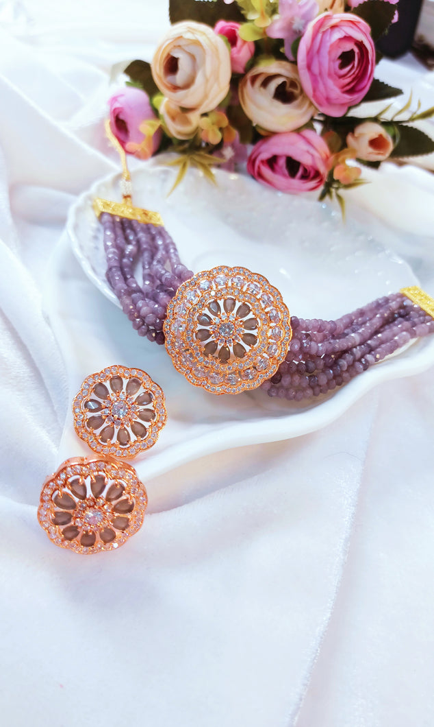 Roseatte AD Violet Baati Stone Rose Gold Base Choker Set freeshipping - CASA ROZEN