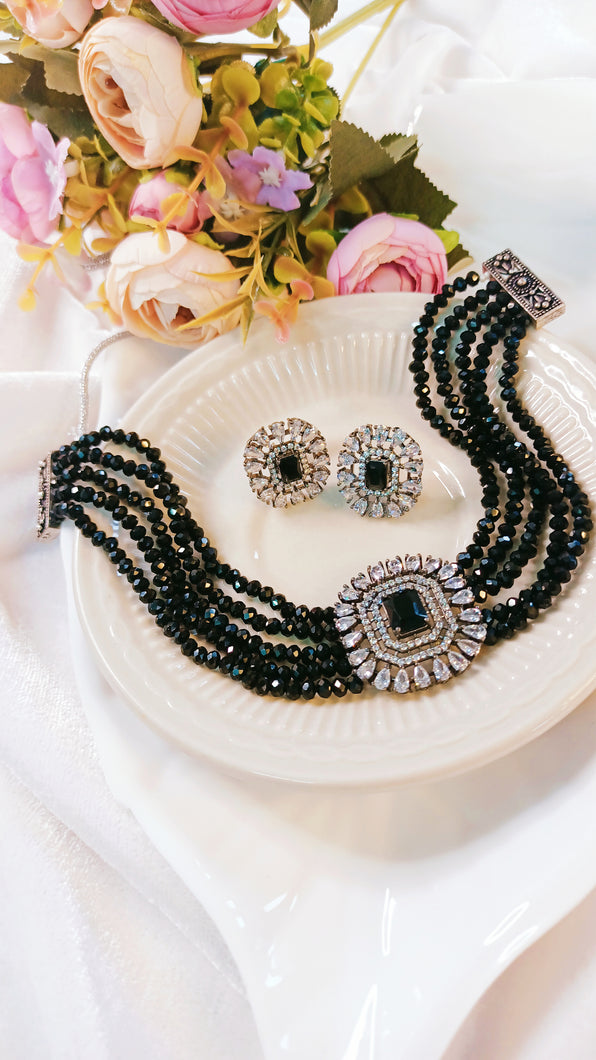 Kanton CZ Black Baati Stones Choker Set freeshipping - CASA ROZEN