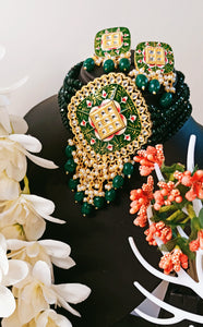 Vihaar Hand Painted Bottle Green Baati Stones Choker Set freeshipping - CASA ROZEN