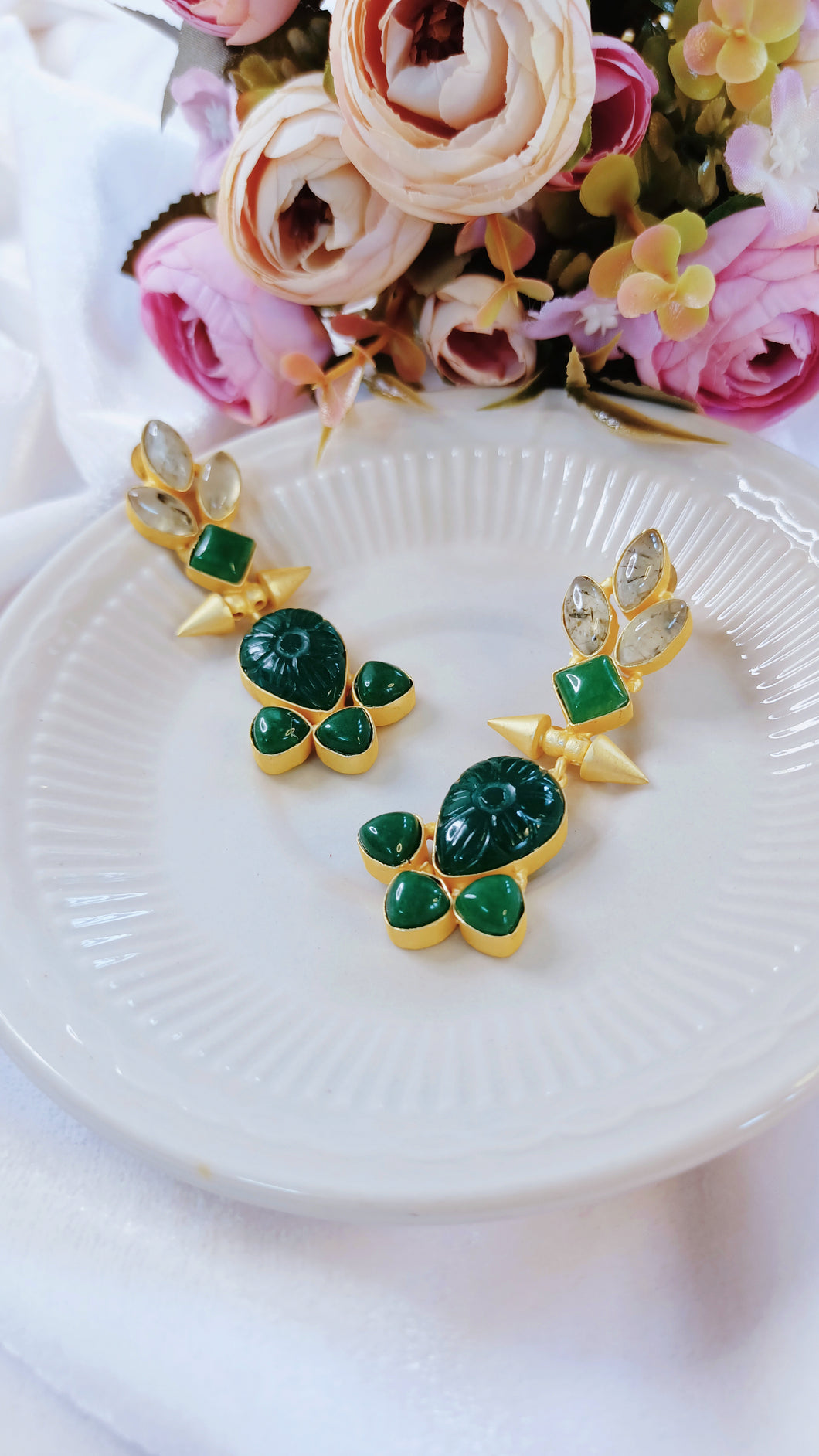 Kessin Bottle Green Carved Natural Stone Earrings