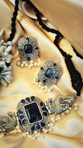 Hazeera Bacil Blue German Silver Choker Set