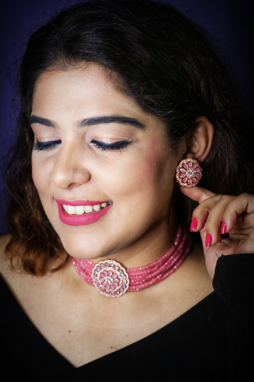 Roseatte AD Pink Baati Stone Rose Gold Base Choker Set