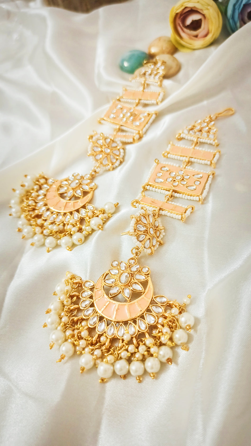 Kalandi Pastel Peach Statement Jhumka Earrings with Ear-Head Extesnion